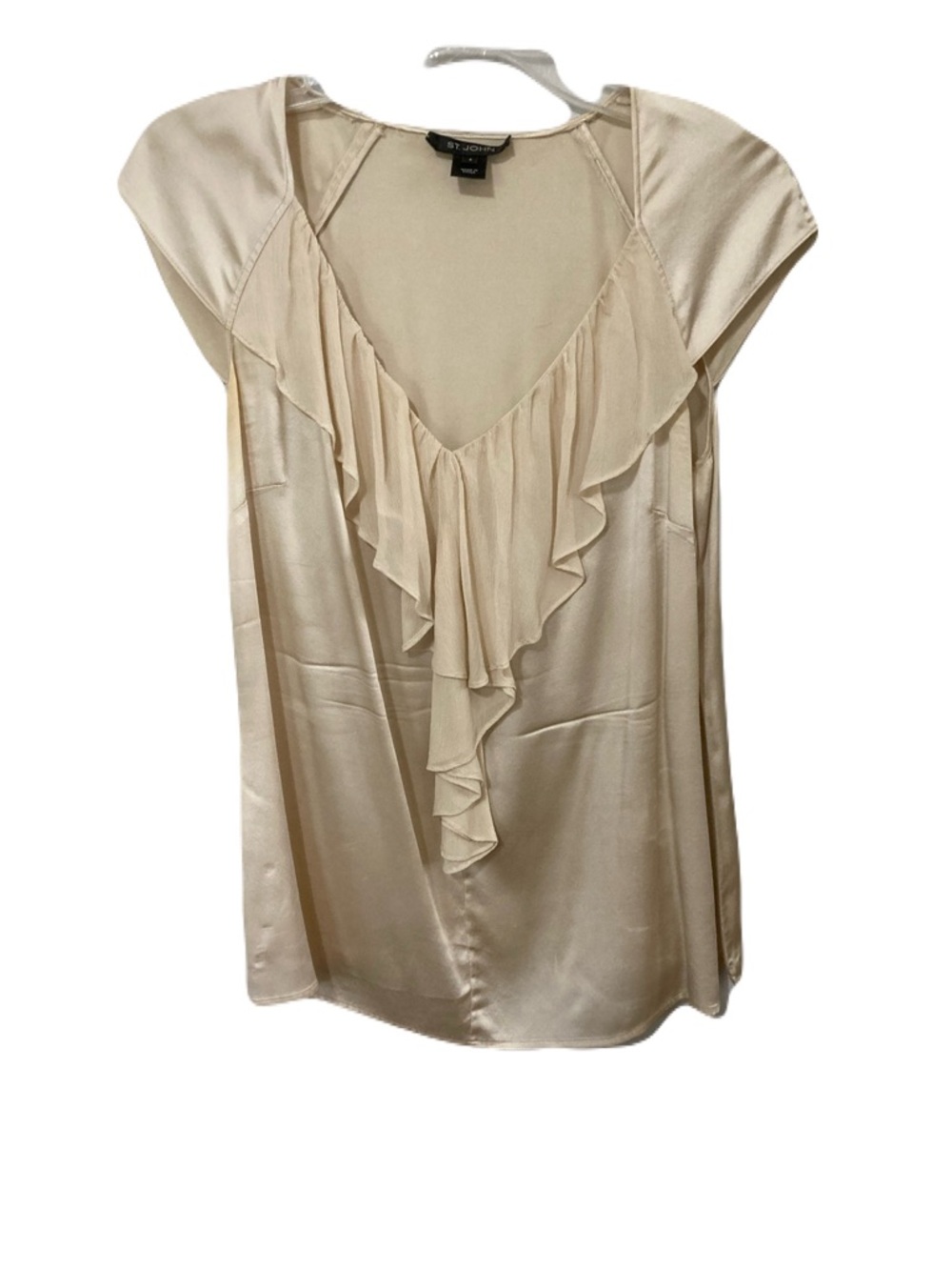 St. John Cream Ruffled V-Neck Silk Blouse